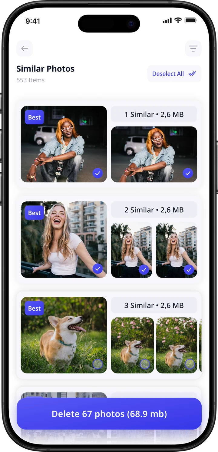 Similar Photos screen with groups of near-identical photos and a Best pick in each