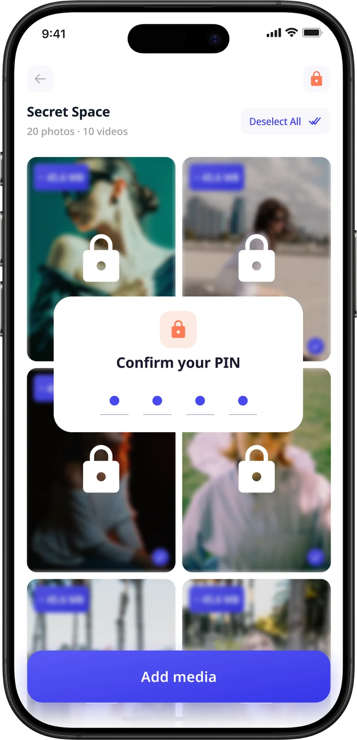Secret Space screen asking to confirm a PIN over blurred photos